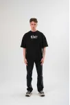 Unisex Bisiklet Yaka Baskılı Oversize T-shirt - Siyah