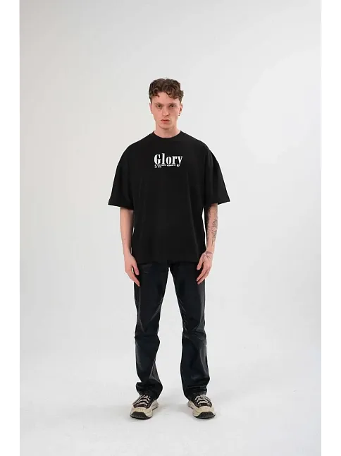 Unisex Bisiklet Yaka Baskılı Oversize T-shirt - Siyah
