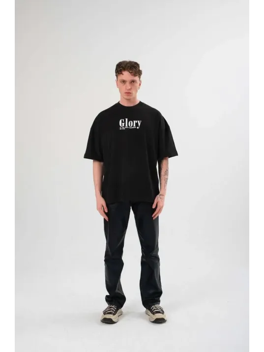 Unisex Bisiklet Yaka Baskılı Oversize T-Shirt - Siyah