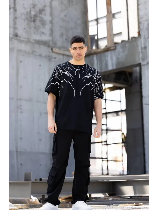 Unisex Bisiklet Yaka Baskılı Oversize T-shirt - Siyah