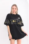 Unisex Bisiklet Yaka Baskılı Oversize T-shirt - Siyah