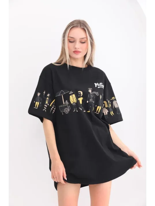 Unisex Bisiklet Yaka Baskılı Oversize T-Shirt - Siyah Unisex Bisiklet Yaka Baskılı Oversize T-Shirt - Siyah