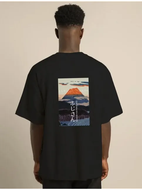 Unisex Bisiklet Yaka Baskılı Oversize T-shirt - Siyah