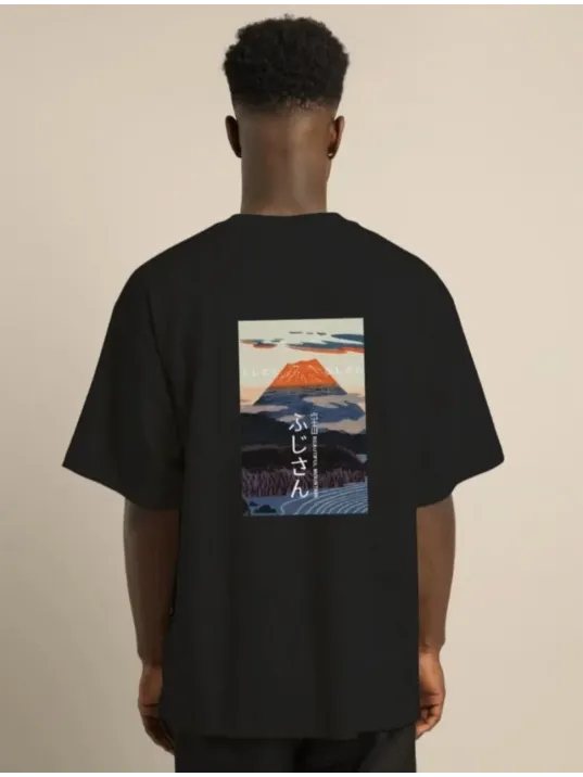 Unisex Bisiklet Yaka Baskılı Oversize T-Shirt - Siyah