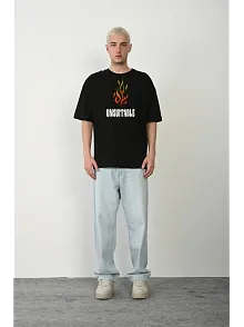 Unisex Bisiklet Yaka Baskılı Oversize T-shirt - Siyah