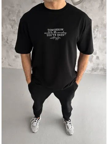 Unisex Bisiklet Yaka Baskılı Oversize T-Shirt - Siyah Unisex Bisiklet Yaka Baskılı Oversize T-Shirt - Siyah