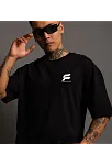 Unisex Bisiklet Yaka Baskılı Oversize T-shirt - Siyah