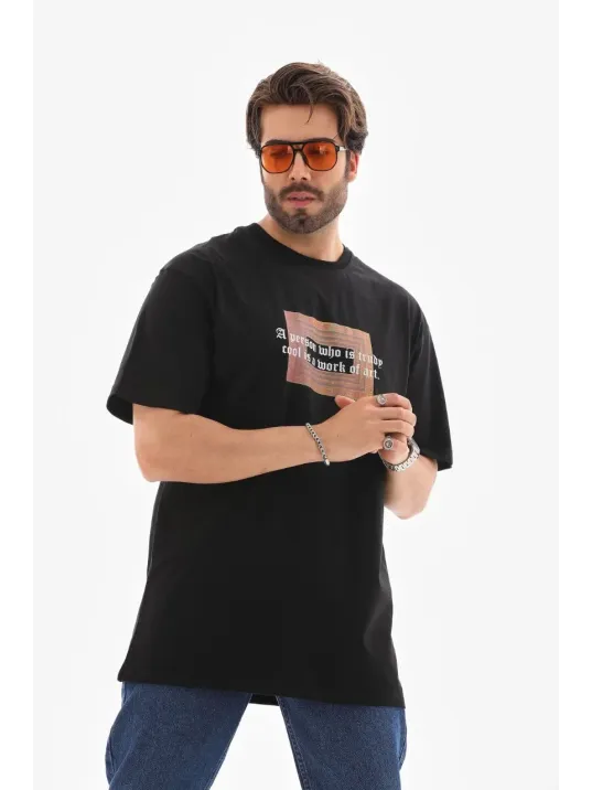 Unisex Bisiklet Yaka Baskılı Oversize T-Shirt - Siyah Unisex Bisiklet Yaka Baskılı Oversize T-Shirt - Siyah