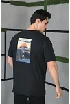 Unisex Bisiklet Yaka Baskılı Oversize T-shirt - Siyah