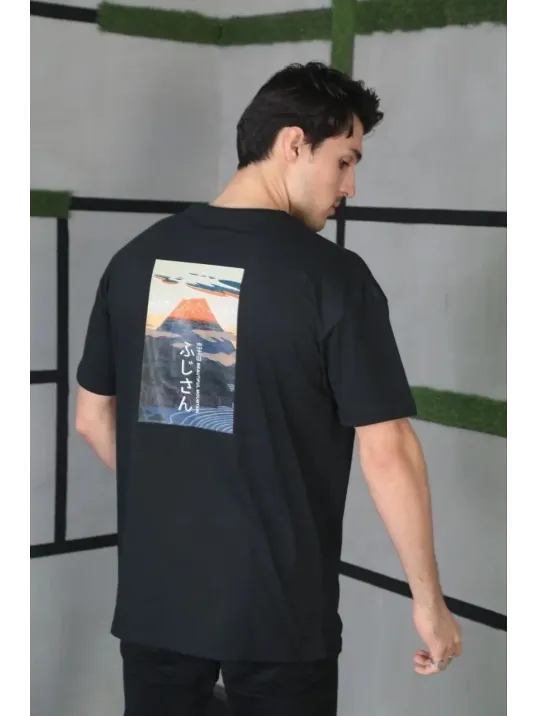 Unisex Bisiklet Yaka Baskılı Oversize T-Shirt - Siyah