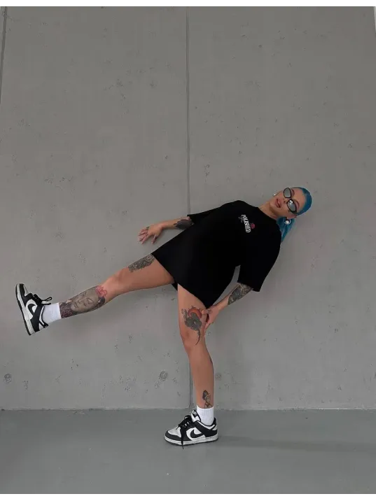 Kadın Bisiklet Yaka Baskılı Kısa Kol Oversize T-shirt - Siyah