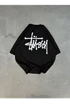 Unisex Bisiklet Yaka Baskılı Oversize T-shirt - Siyah