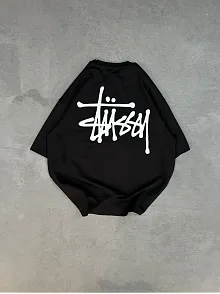 Unisex Bisiklet Yaka Baskılı Oversize T-shirt - Siyah