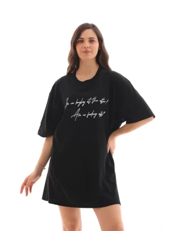 Unisex Bisiklet Yaka Baskılı Oversize T-shirt - Siyah