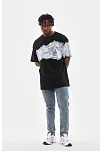Unisex Bisiklet Yaka Baskılı Oversize T-shirt - Siyah