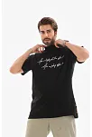 Unisex Bisiklet Yaka Baskılı Oversize T-shirt - Siyah