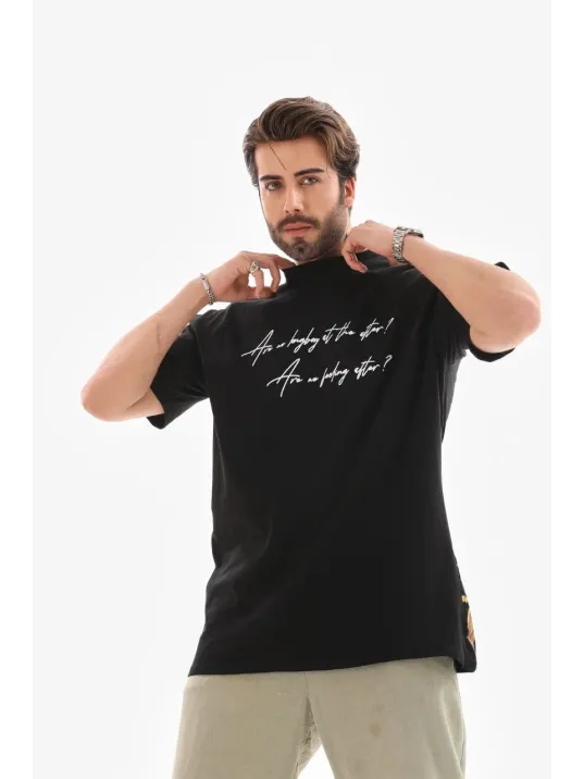 Unisex Bisiklet Yaka Baskılı Oversize T-shirt - Siyah