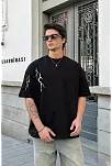 Unisex Bisiklet Yaka Baskılı Oversize T-shirt - Siyah
