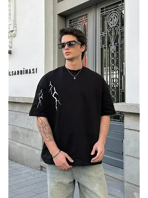 Unisex Bisiklet Yaka Baskılı Oversize T-shirt - Siyah