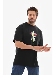 Unisex Bisiklet Yaka Baskılı Oversize T-shirt - Siyah