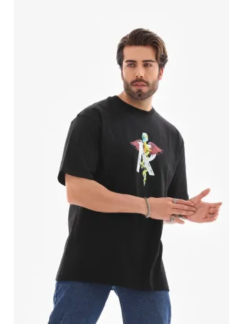 Unisex Bisiklet Yaka Baskılı Oversize T-Shirt - Siyah Unisex Bisiklet Yaka Baskılı Oversize T-Shirt - Siyah