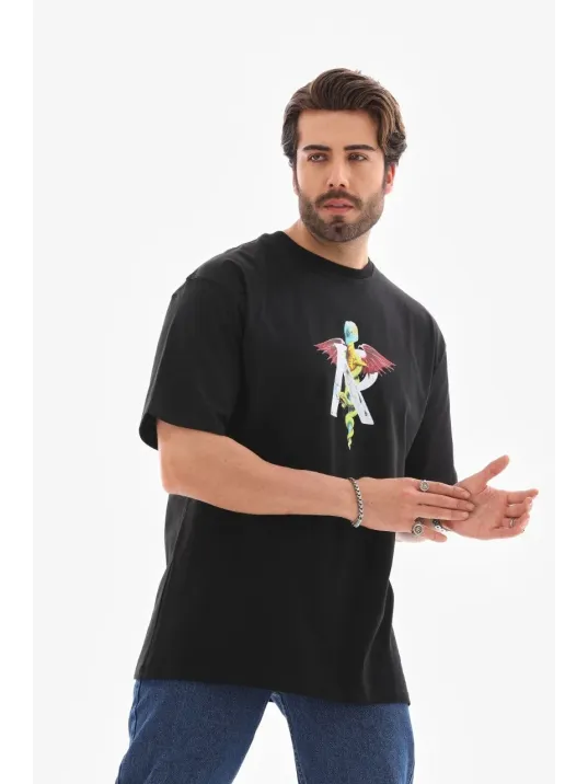 Unisex Bisiklet Yaka Baskılı Oversize T-Shirt - Siyah Unisex Bisiklet Yaka Baskılı Oversize T-Shirt - Siyah