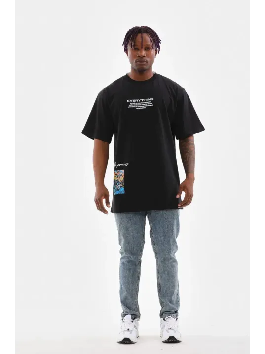 Unisex Bisiklet Yaka Baskılı Oversize T-Shirt - Siyah Unisex Bisiklet Yaka Baskılı Oversize T-Shirt - Siyah