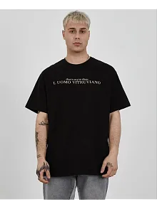 Unisex Bisiklet Yaka Baskılı Oversize T-shirt - Siyah
