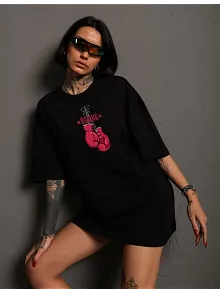 Unisex Bisiklet Yaka Baskılı Oversize T-shirt - Siyah