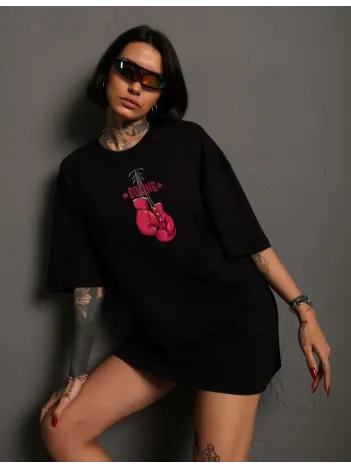 Unisex Bisiklet Yaka Baskılı Oversize T-Shirt - Siyah Unisex Bisiklet Yaka Baskılı Oversize T-Shirt - Siyah