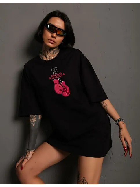 Unisex Bisiklet Yaka Baskılı Oversize T-shirt - Siyah