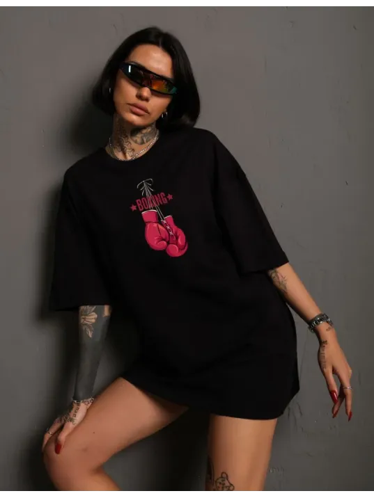 Unisex Bisiklet Yaka Baskılı Oversize T-Shirt - Siyah Unisex Bisiklet Yaka Baskılı Oversize T-Shirt - Siyah