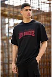 Unisex Bisiklet Yaka Baskılı Oversize T-shirt - Siyah