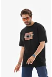Unisex Bisiklet Yaka Baskılı Oversize T-shirt - Siyah