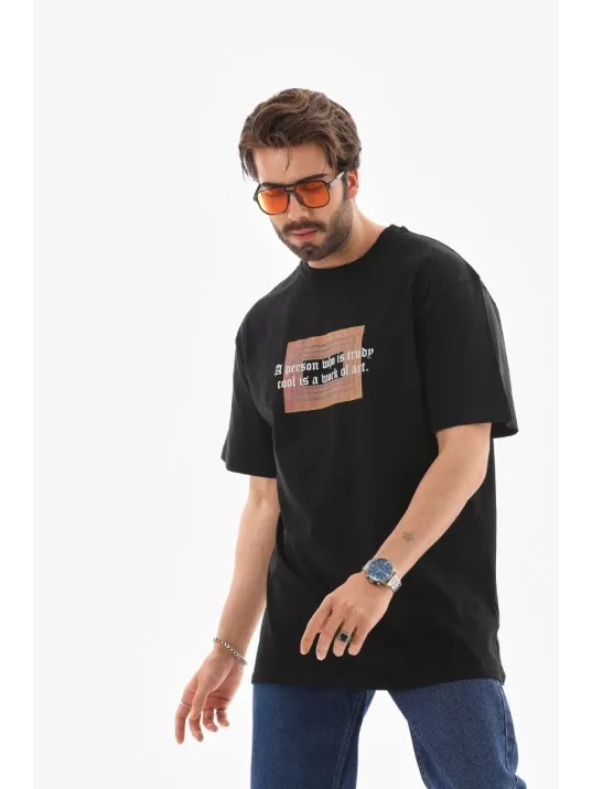 Unisex Bisiklet Yaka Baskılı Oversize T-Shirt - Siyah Unisex Bisiklet Yaka Baskılı Oversize T-Shirt - Siyah