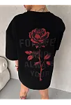 Unisex Bisiklet Yaka Baskılı Oversize T-shirt - Siyah