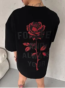 Unisex Bisiklet Yaka Baskılı Oversize T-shirt - Siyah