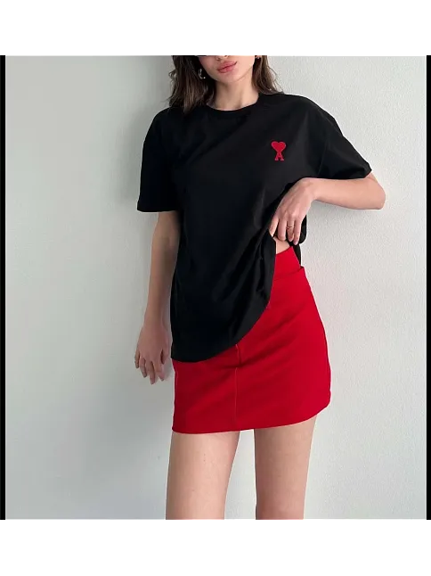 Unisex Bisiklet Yaka Baskılı Oversize T-shirt - Siyah