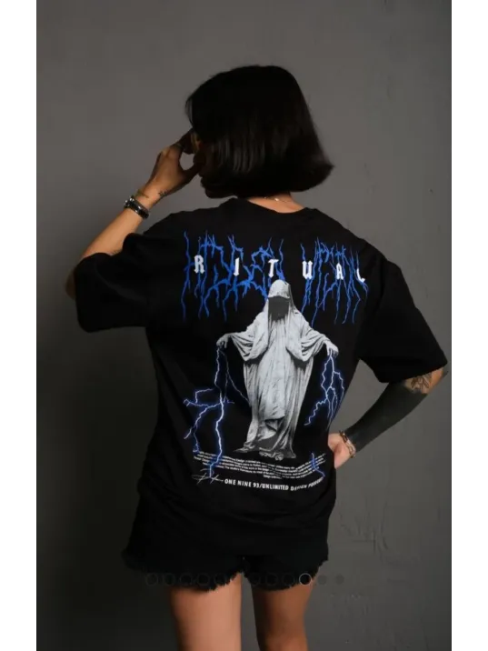 Unisex Bisiklet Yaka Baskılı Oversize T-Shirt - Siyah