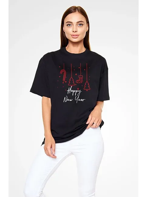 Unisex Bisiklet Yaka Baskılı Oversize T-shirt - Siyah