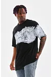 Unisex Bisiklet Yaka Baskılı Oversize T-shirt - Siyah