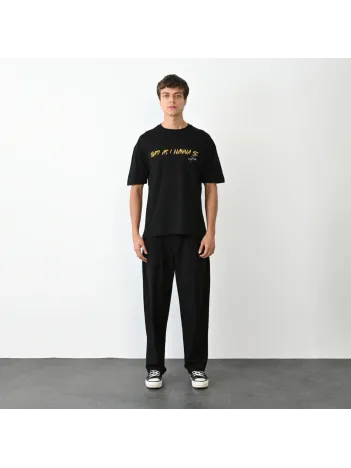 Unisex Bisiklet Yaka Baskılı Oversize T-Shirt - Siyah Unisex Bisiklet Yaka Baskılı Oversize T-Shirt - Siyah