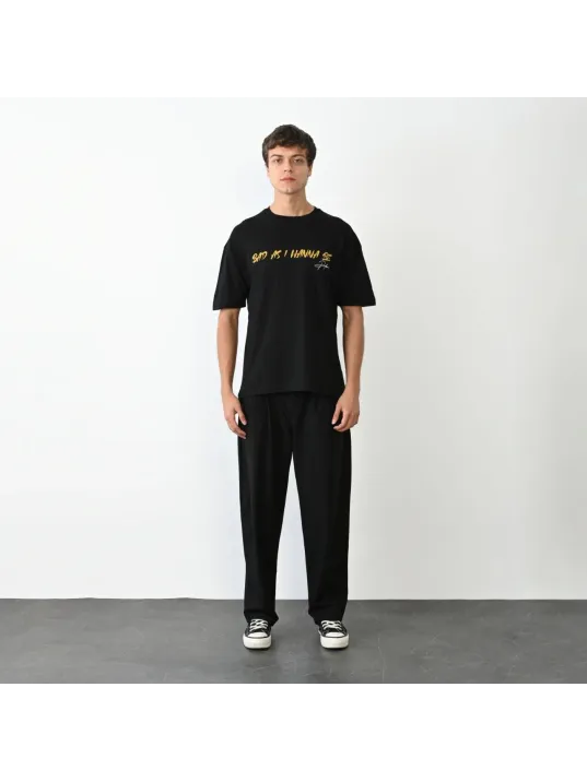 Unisex Bisiklet Yaka Baskılı Oversize T-Shirt - Siyah Unisex Bisiklet Yaka Baskılı Oversize T-Shirt - Siyah