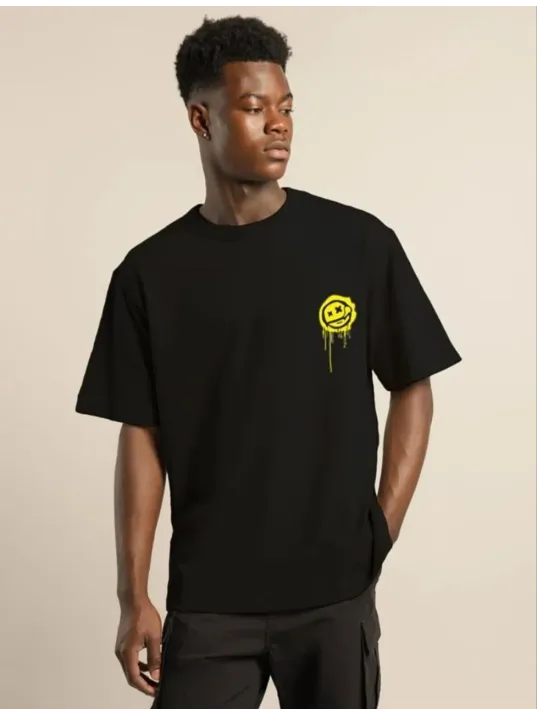 Unisex Bisiklet Yaka Baskılı Oversize T-Shirt - Siyah Unisex Bisiklet Yaka Baskılı Oversize T-Shirt - Siyah