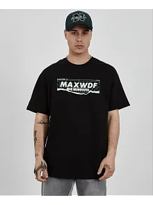 Unisex Bisiklet Yaka Baskılı Oversize T-shirt - Siyah