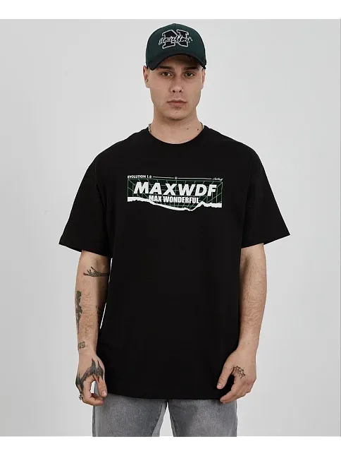 Unisex Bisiklet Yaka Baskılı Oversize T-shirt - Siyah