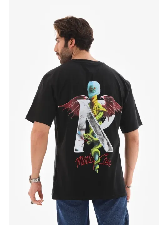 Unisex Bisiklet Yaka Baskılı Oversize T-Shirt - Siyah