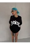 Unisex Bisiklet Yaka Baskılı Oversize T-shirt - Siyah