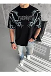 Unisex Bisiklet Yaka Baskılı Oversize T-shirt-siyah