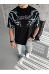 Unisex Bisiklet Yaka Baskılı Oversize T-shirt-siyah